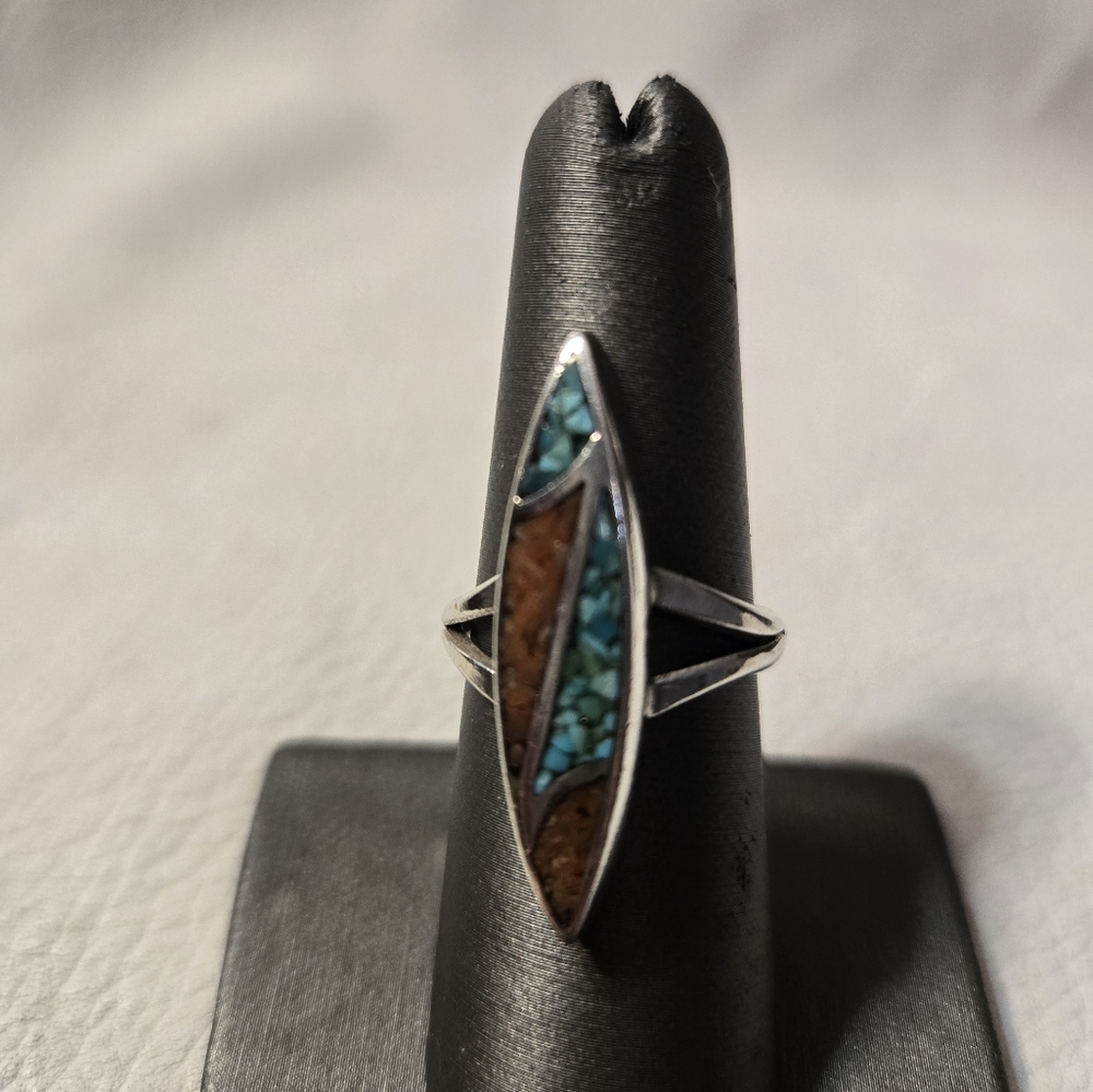 Sterling Silver W/Coral Tourquoise Chip Inlay Ring Size 6.5